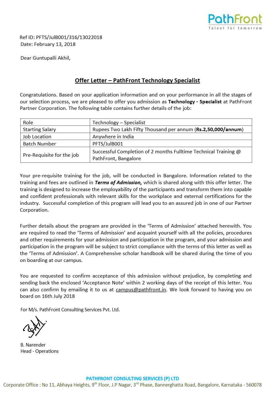 PathFront Technology Specialist offer letter in Word and Pdf formats