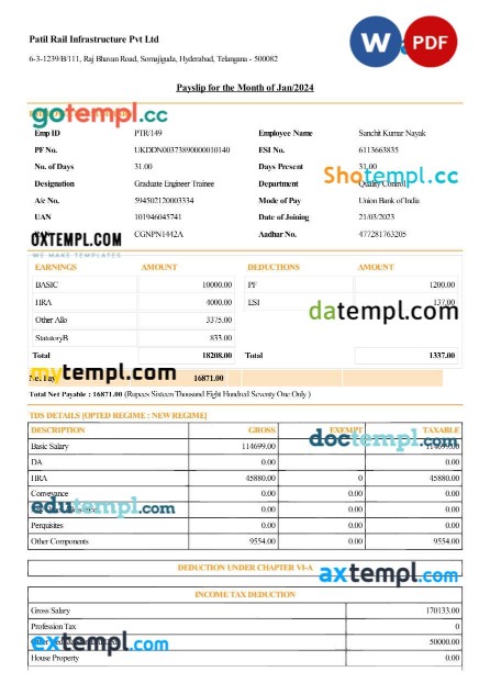 Patil Rail Infrastructure payslip template in Word and PDF formats