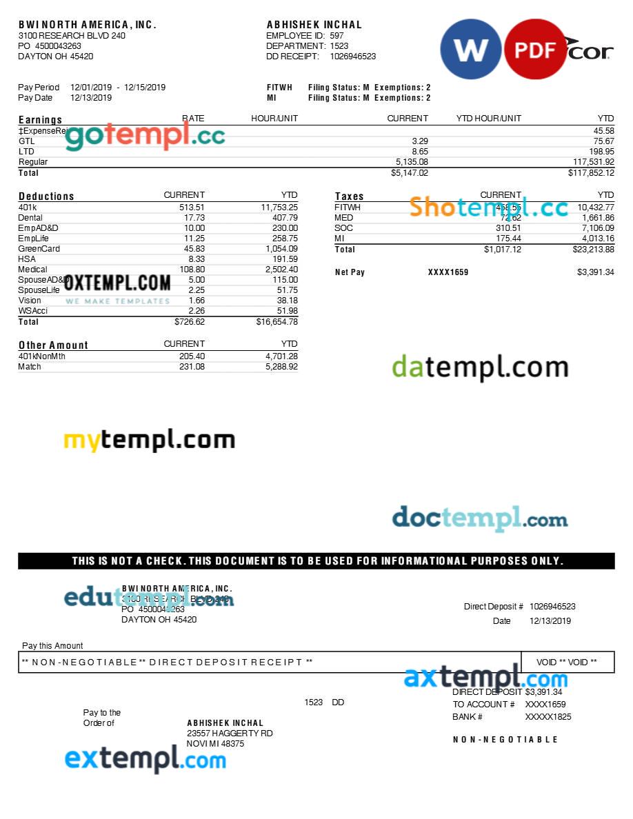 Paycor BWI North America INC earnings statement template in Word and PDF formats