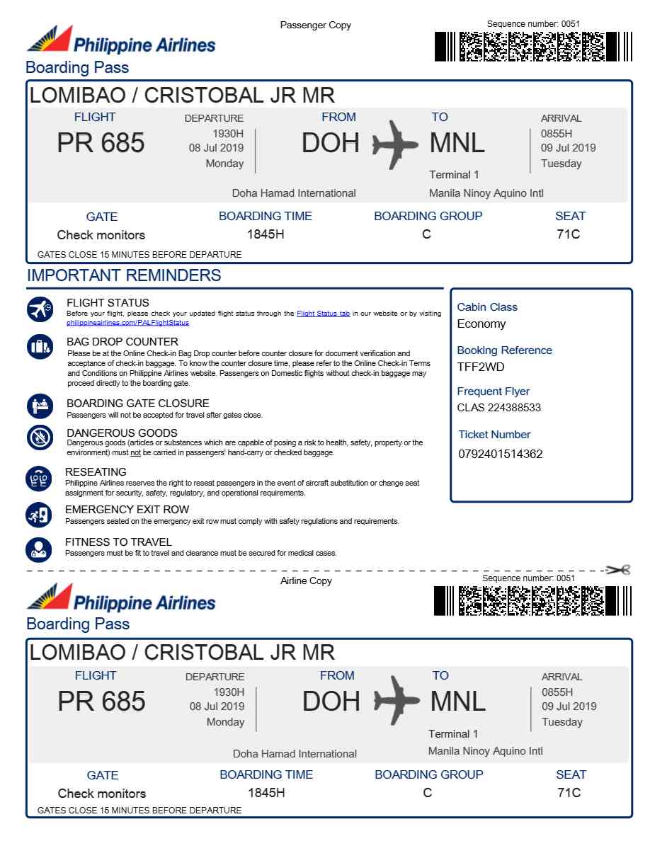 Philippine Airlines boarding pass in Word and PDF formats