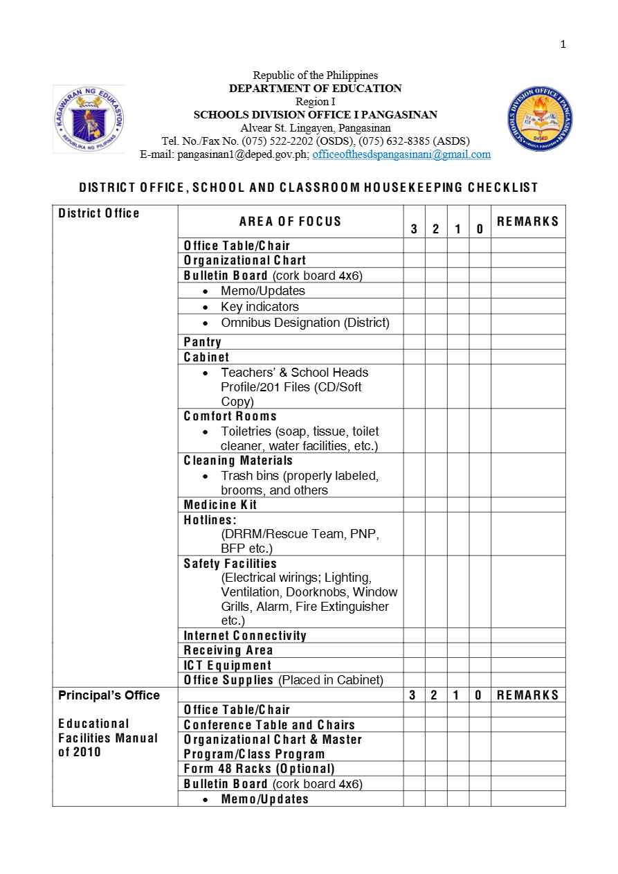 Philippines Department Education Housekeeping checklist template in Word and PDF formats, 13 pages