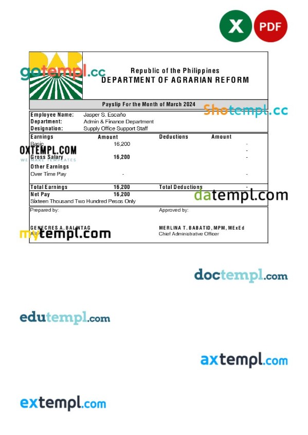 Philippines Department of Agrarian Reform payslip template in Excel and PDF formats