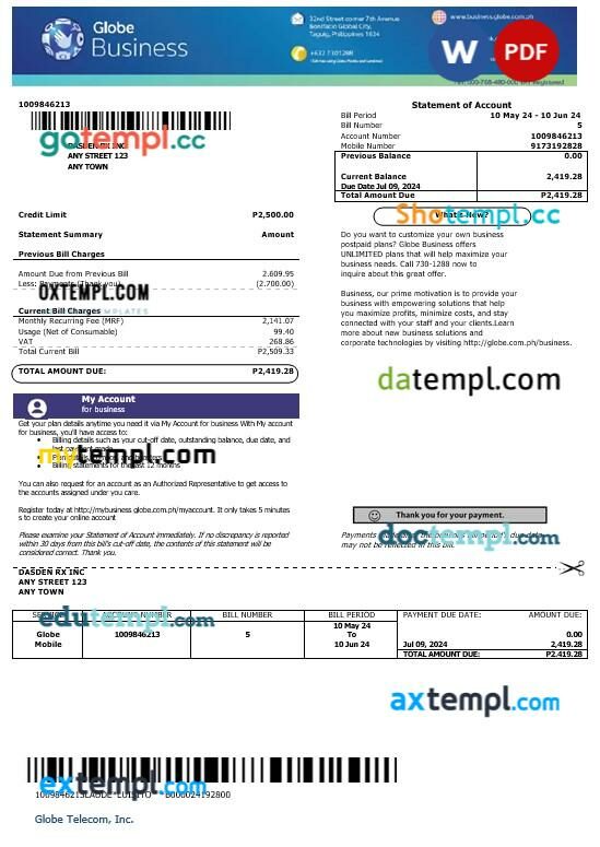 Philippines Globe Business business utility bill template in Word and PDF formats