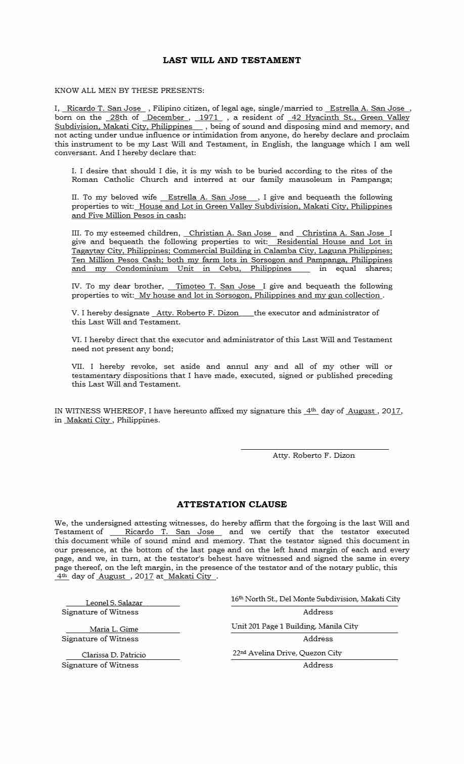 Philippines Last Will and Testament editable template in Word and PDF formats, 2017