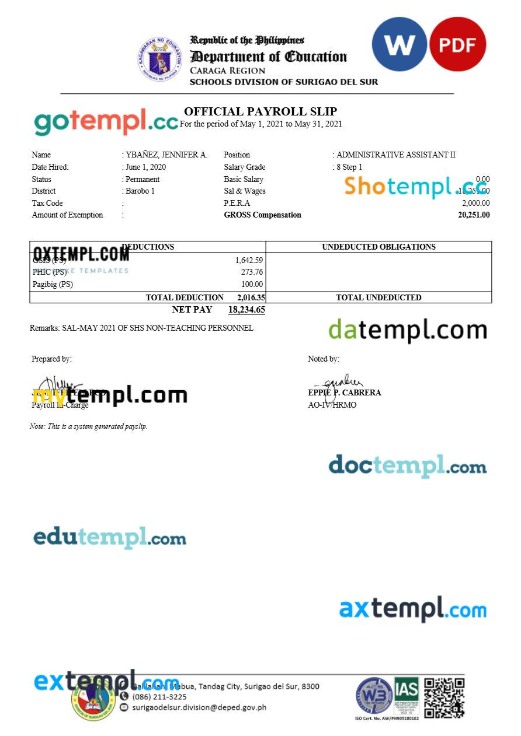 Philippines Schools Division of Surigao Del Sur payroll slip template in Word and PDF formats