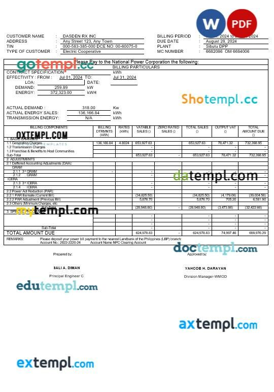 Philippines Tawelco business utility bill Word and PDF template