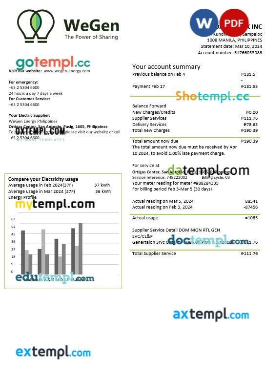 Philippines WeGen Energy Philippines business utility bill template in Word and PDF formats