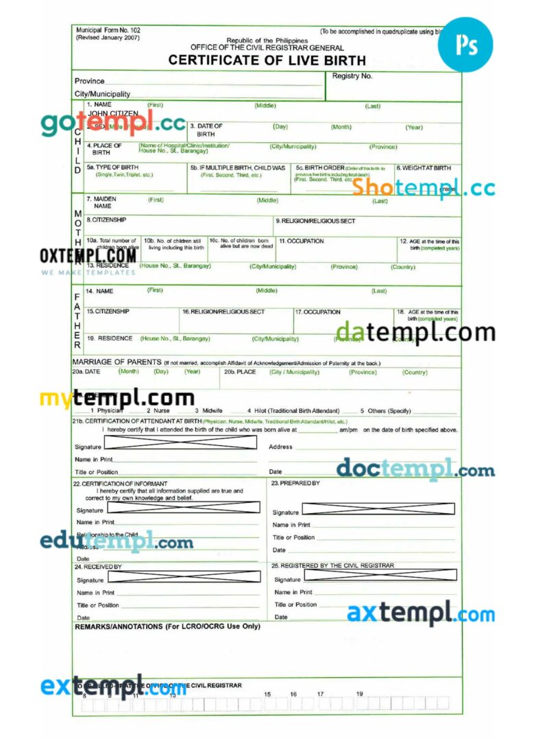 Philippines certificate of live birth PSD example, completely editable