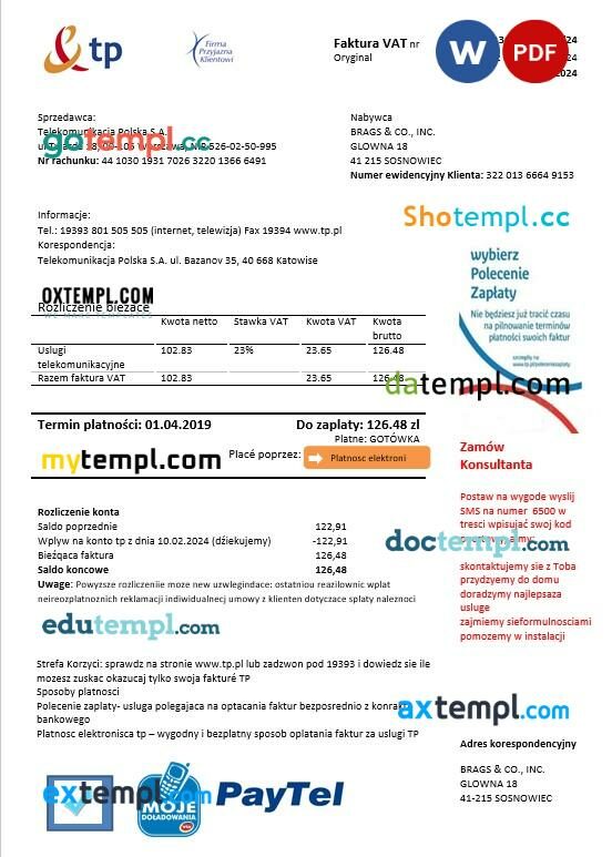 Poland TP business utility bill template in Word and PDF formats