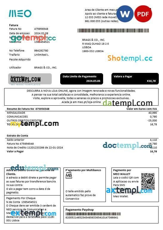 Portugal MEO business utility bill template in Word and PDF formats, fully editable