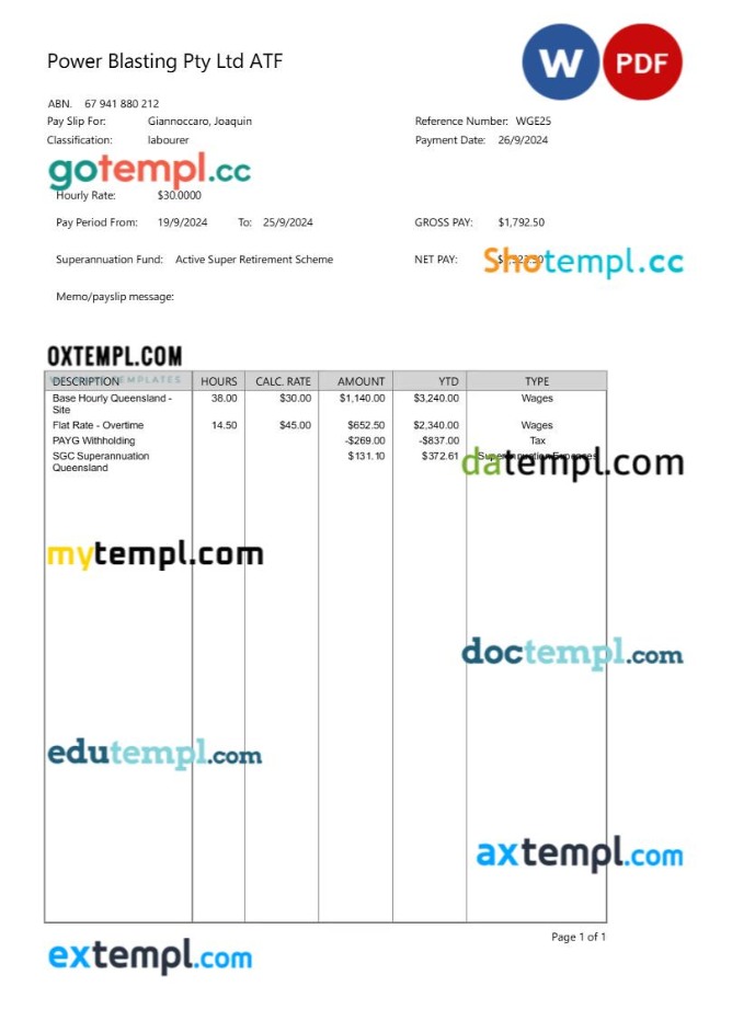 Power Blasting payslip template in Word and PDF formats