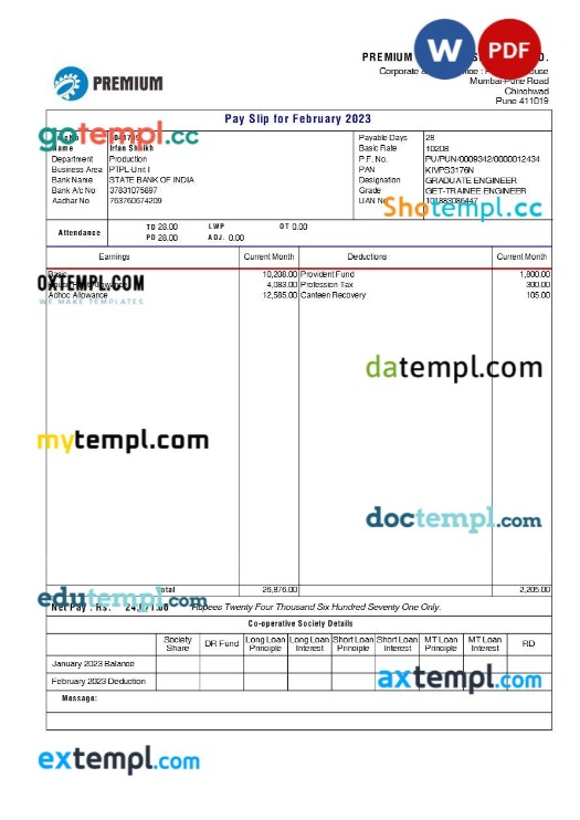 Premium Transmission payslip template in Word and PDF formats