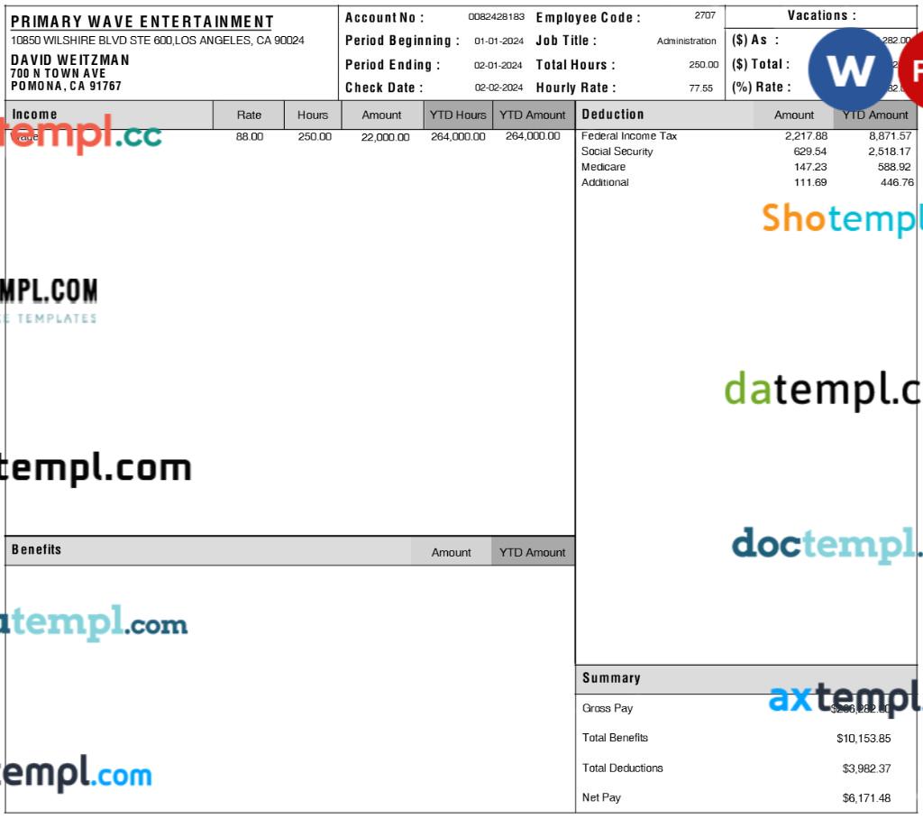 Primary Wave Entertainment pay statement template in Word and PDF formats