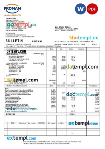 Proman recrutement payslip (in French language) template in Word and PDF formats, version 2