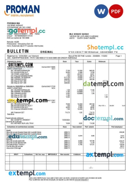 Proman recrutement payslip (in French language) template in Word and PDF formats