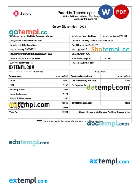 Pureride Technologies salary slip template in Word and PDF formats