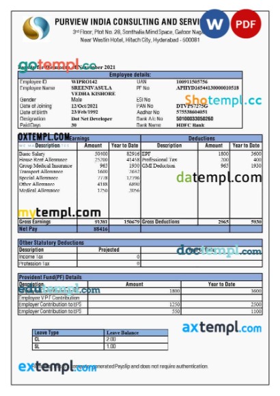 Purview India Consulting and Services payslip template in Word and PDF formats