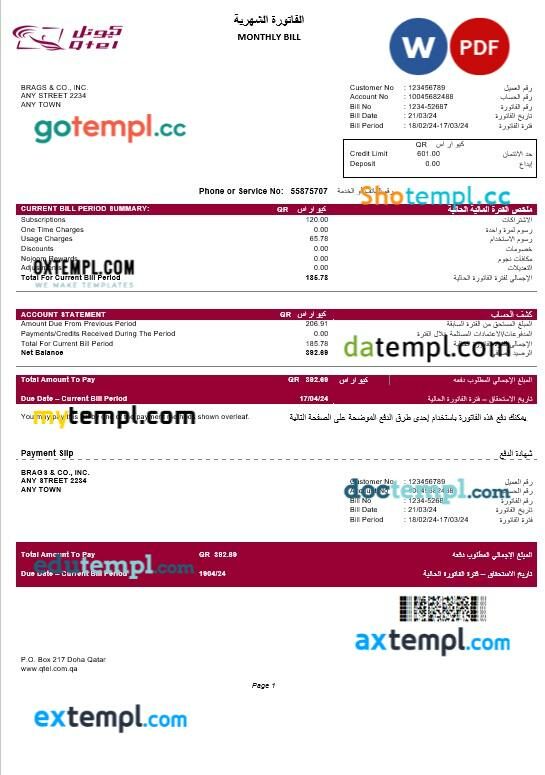 QATAR QTEL business utility bill Word and PDF template