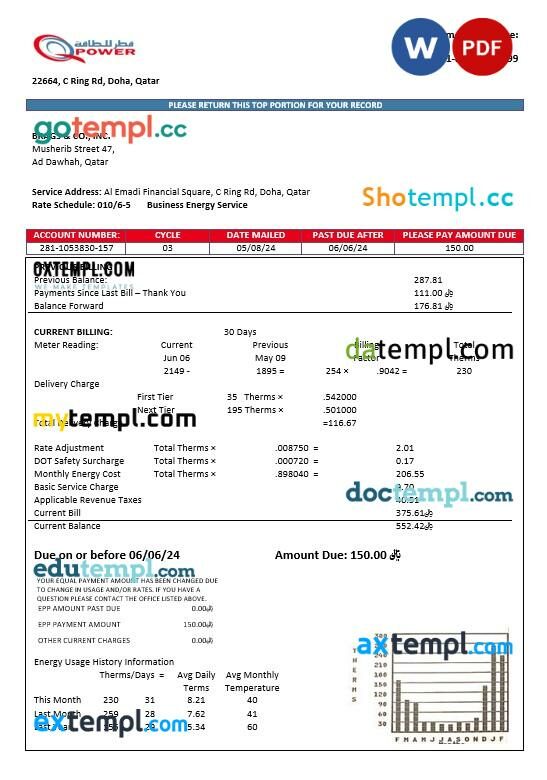 Qatar Power Company electricity business utility bill template in Word and PDF formats