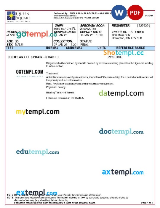 Queen Square Doctors and Family Health Team doctor note template Word and PDF formats