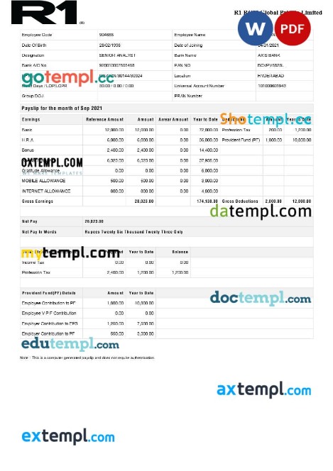 R1 RCM Global Pvt Ltd payslip template in Word and PDF formats