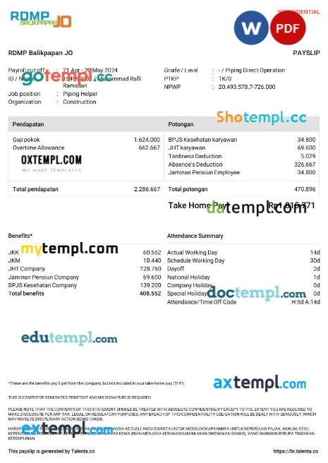 RDMP Balikpapan JO construction company payslip template in Word and PDF formats