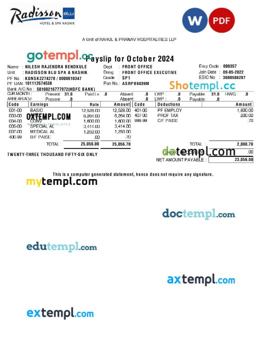 Radisson Blu Hotel & Spa payslip template in Word and PDF formats