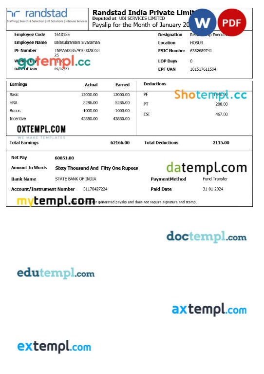 Randstad India payslip template in Word and PDF formats