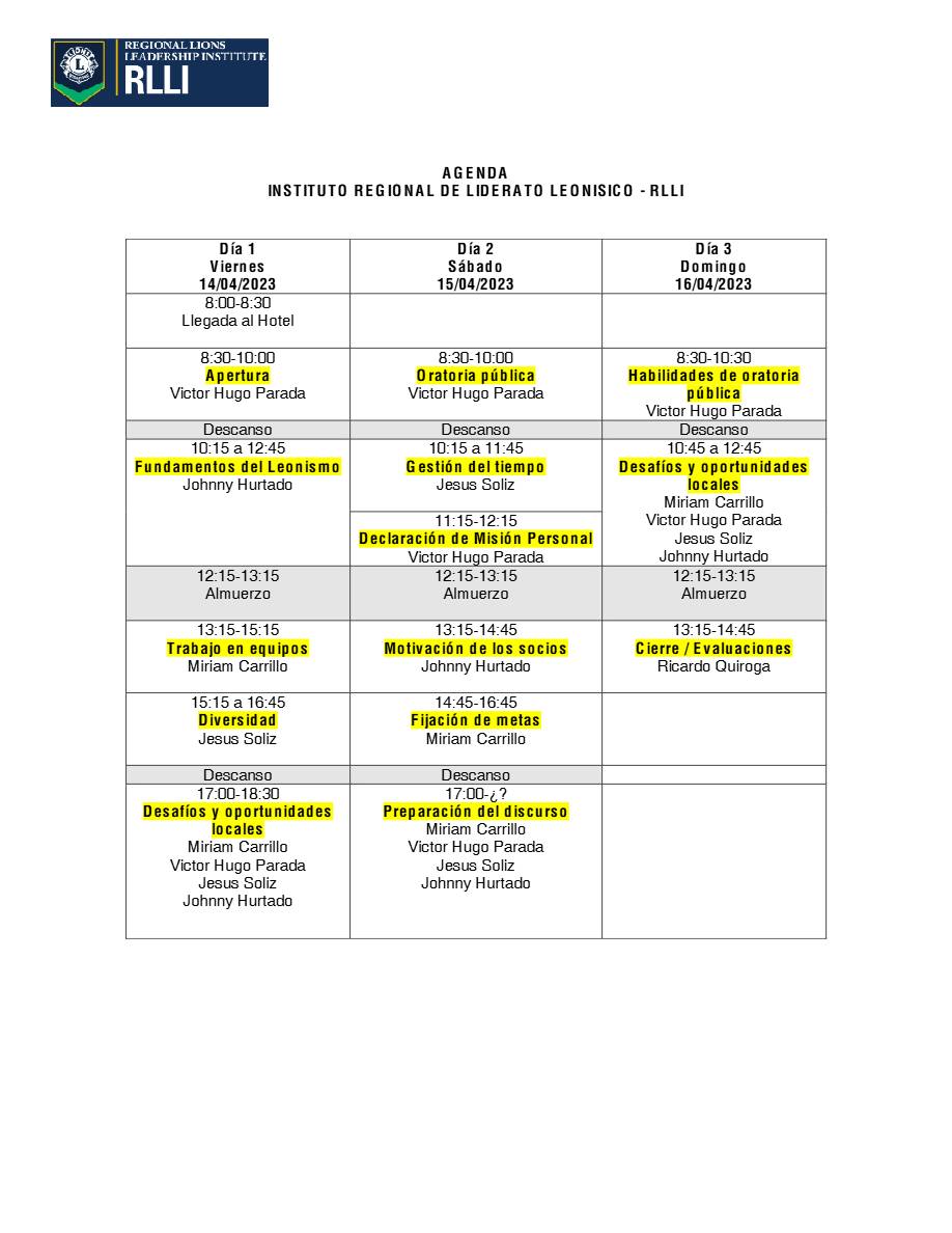 Regional Lions Leadership Institute agenda template in Word and PDF formats