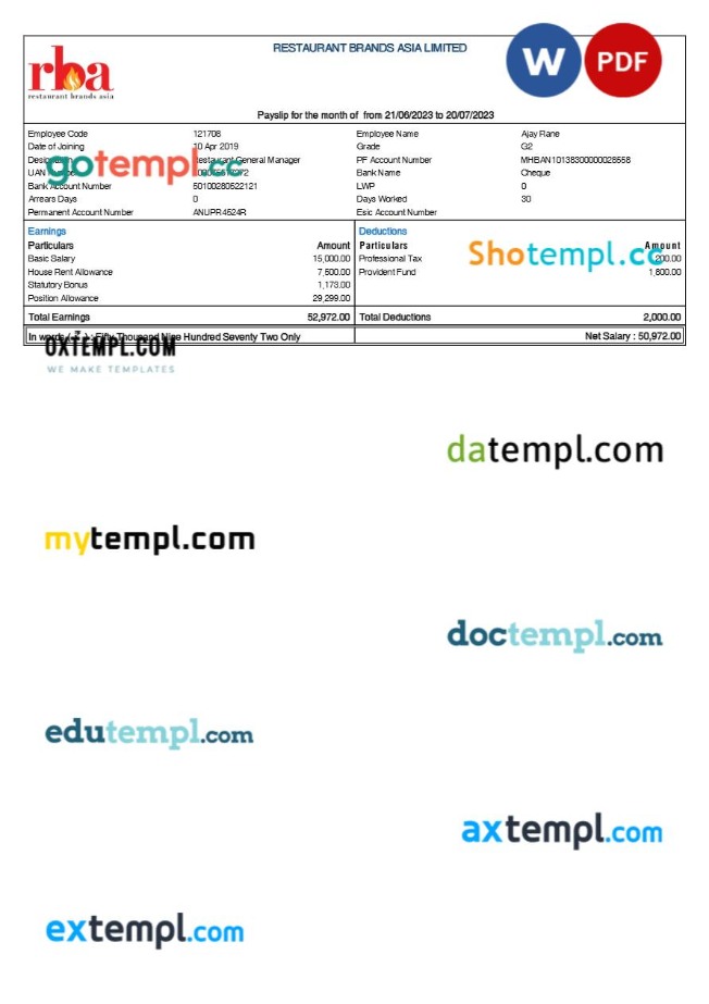 Restaurant Brands Asia payslip template in Word and PDF formats