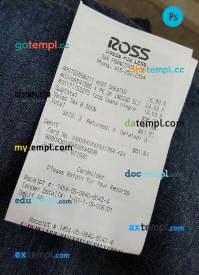 Ross store payment receipt PSD template