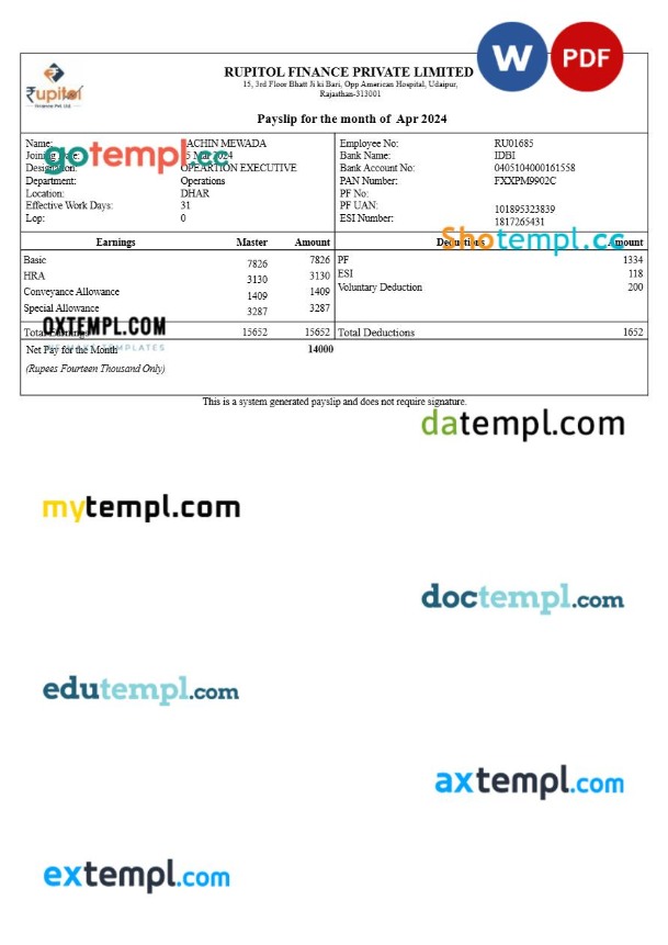 Rupitol Finance payslip template in Word and PDF formats