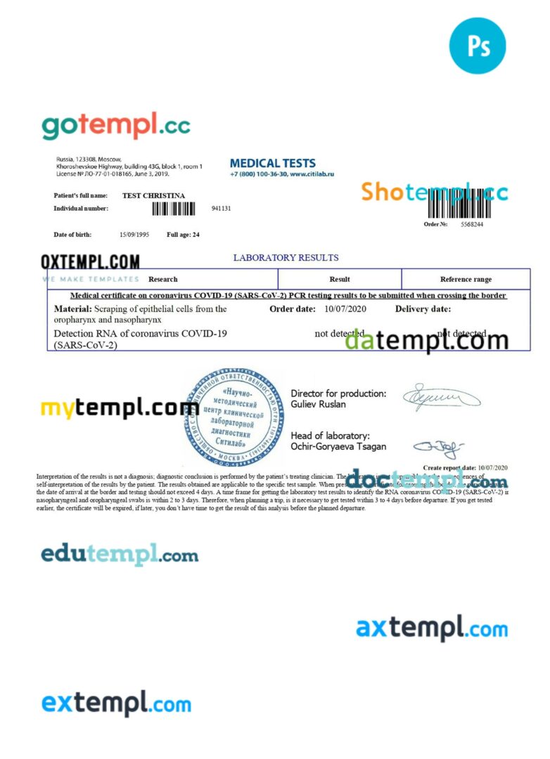 Russia medical certificate on Covid-19 template in PSD format