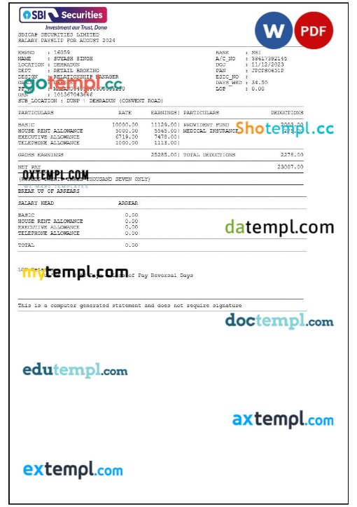 SBICAP Securities payslip template in Word and PDF formats