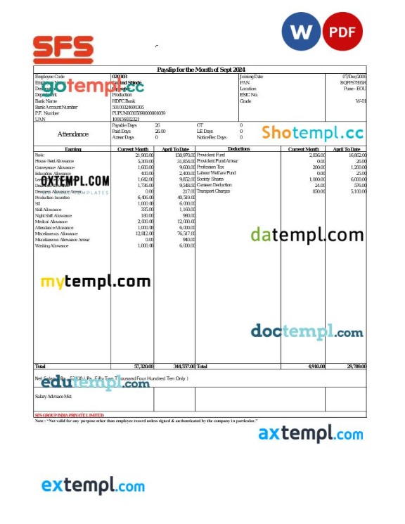 SFS Group payslip template in Word and PDF formats