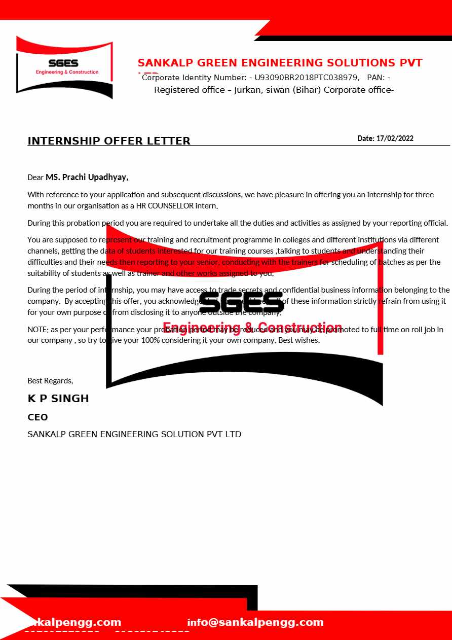 SGES Pvt. Ltd. HR Counsellor Intern offer letter in Word and Pdf formats