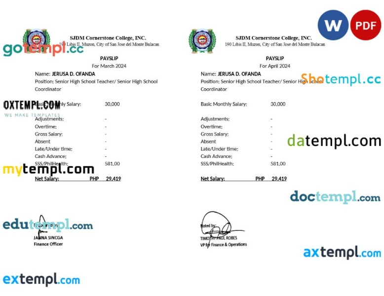 SJDM Cornerstone College payslip template in Word and PDF formats