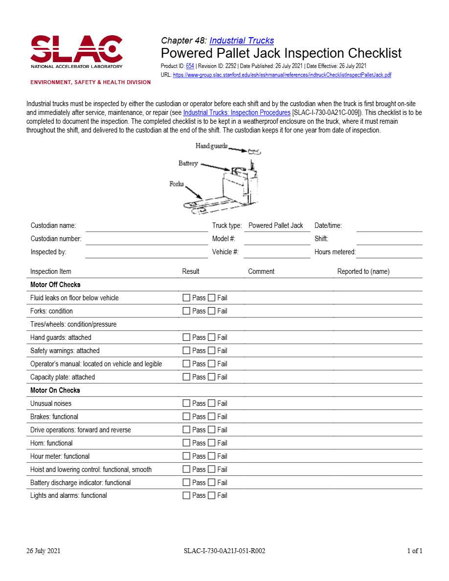 SLAC Powered Pallet Jack Inspection checklist template in Word and PDF formats