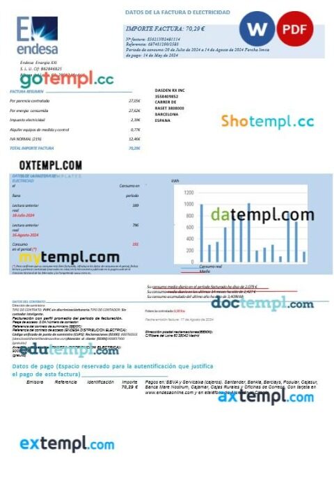 SPAIN ENDESA business utility bill Word and PDF template, pages1