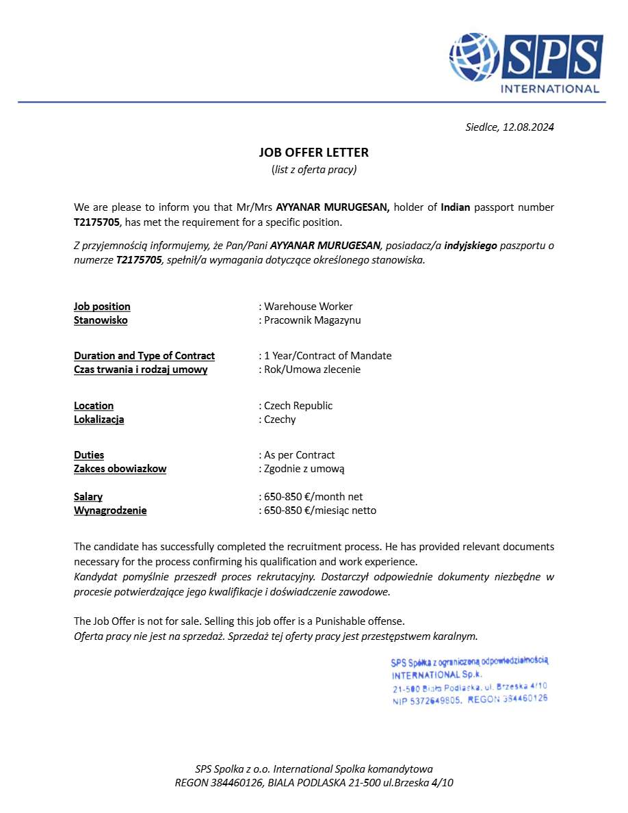 SPS International Warehouse Worker offer letter in Word and Pdf formats