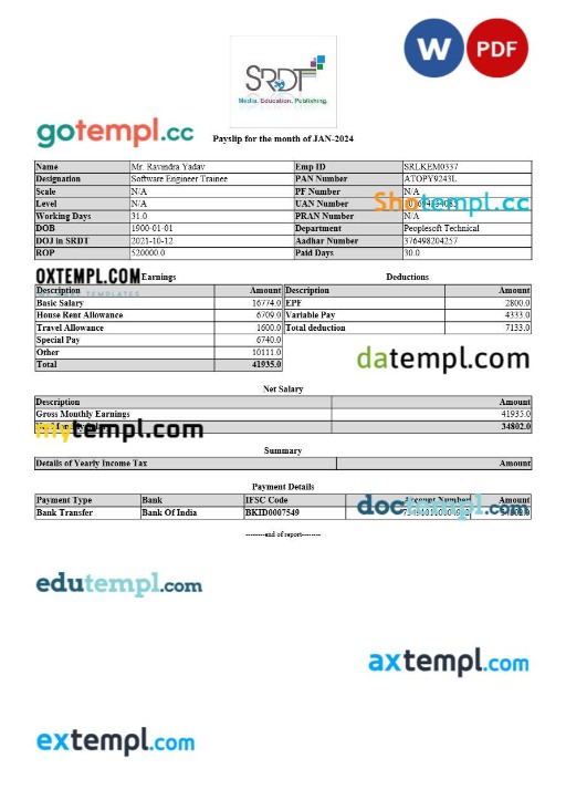 SRDT media, education, publishing payslip template in Word and PDF formats