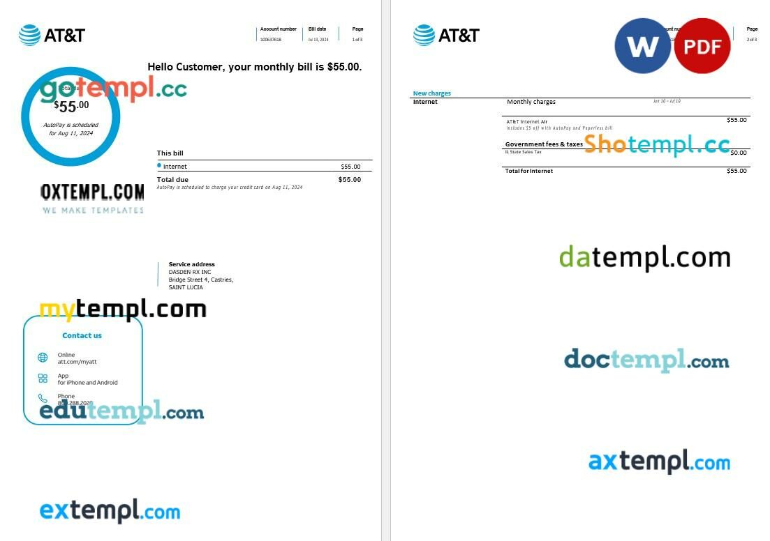 Saint Lucia internet business utility bill Word and PDF template, 3 pages