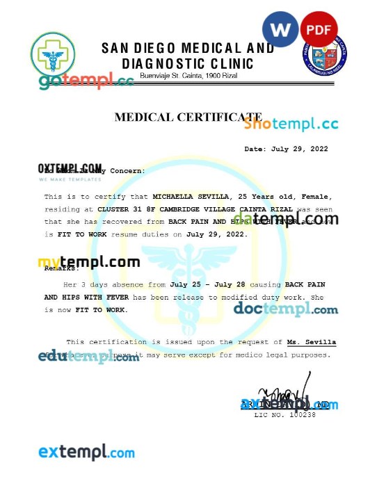 San Diego Medical And Diagnostic Clinic fit to work medical certificate template Word and PDF formats