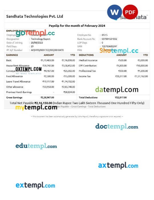 Sandhata Technologies payslip template in Word and PDF formats