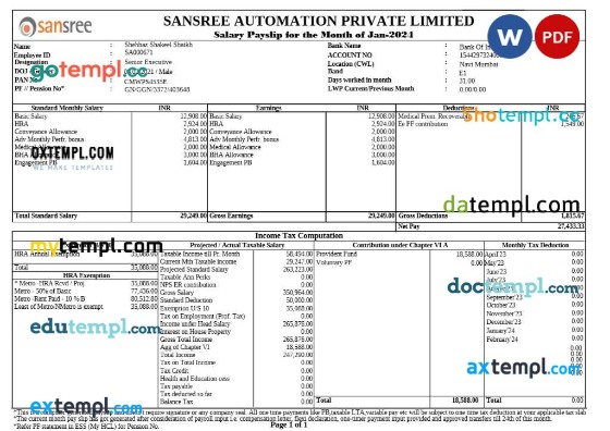 Sansree Automation payslip template in Word and PDF formats