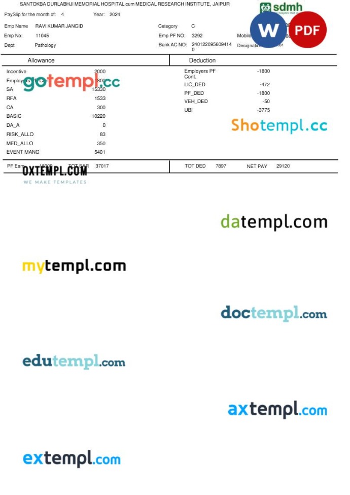 Santokba Durlabhji Memorial Hospital payslip template in Word and PDF formats