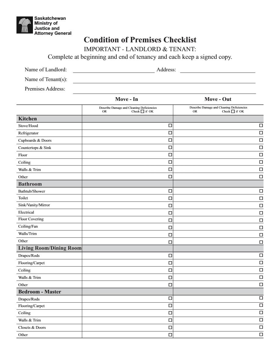 Saskatchewan Ministry of Justice and Attorney General checklist template in Word and PDF formats, 2 pages