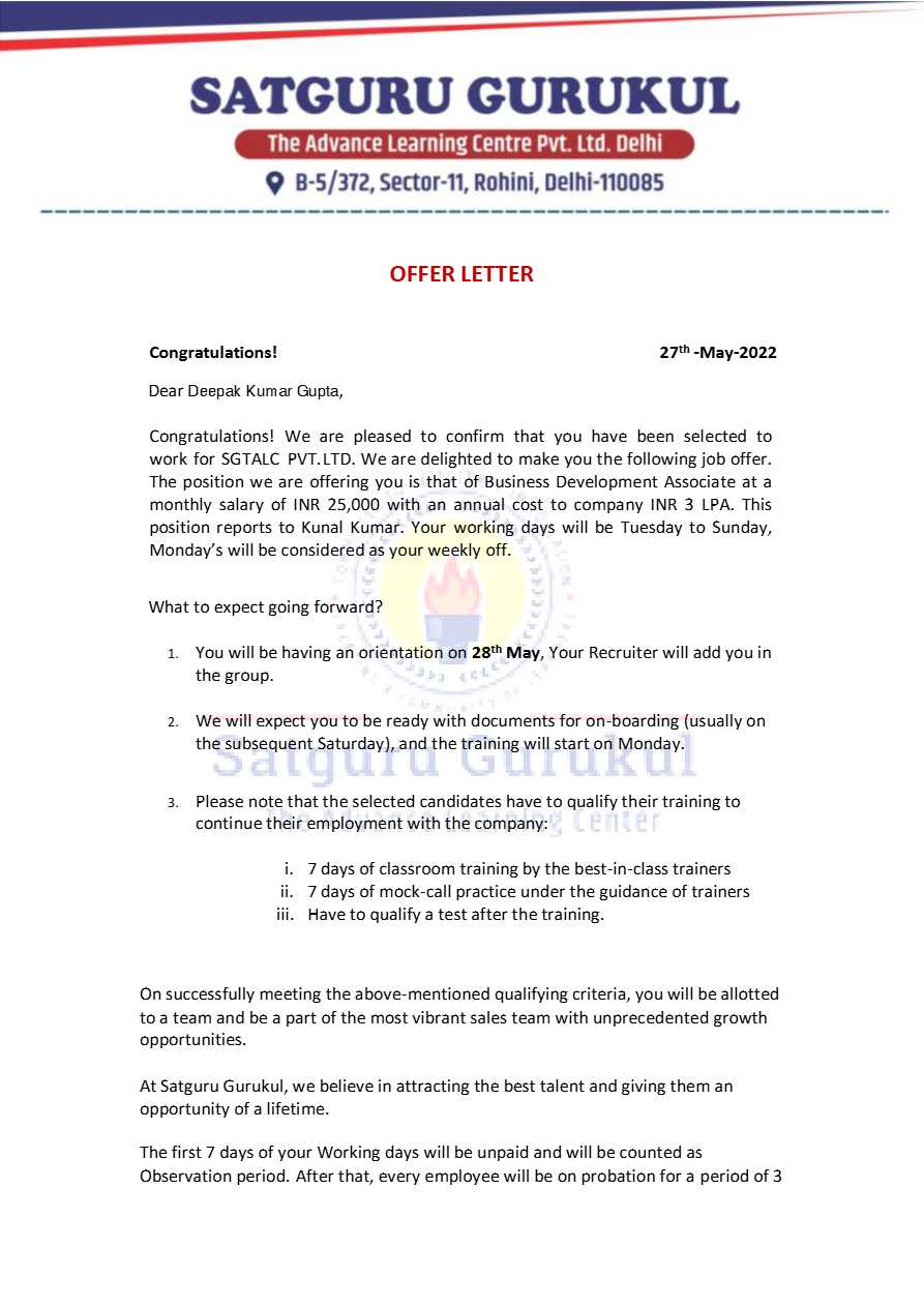 Satguru Gurukul Pvt. Ltd. Business Development Associate offer letter in Word and Pdf formats