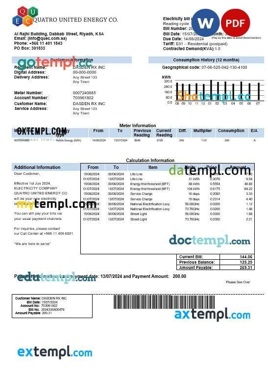 Saudi Arabia Quatro United Energy Co. business utility bill, Word and PDF template