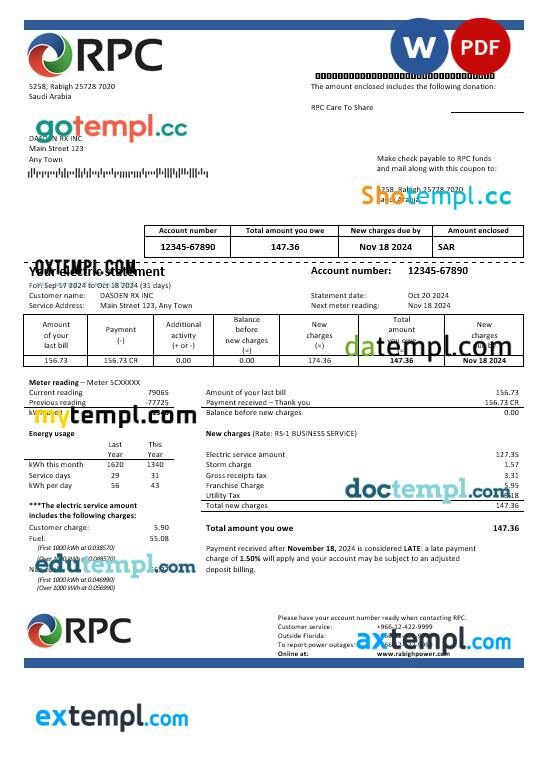 Saudi Arabia Rabigh Power Company business utility bill, Word and PDF template